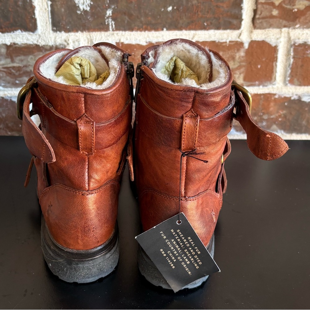 Frye Vanessa Tanker Real Fur Shearling Cognac Leather Short Boots Size 6.5 NWT - Picture 9 of 16